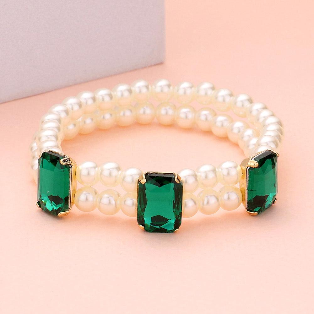 Rectangle Stone Accented Pearl Stretch Bracelet