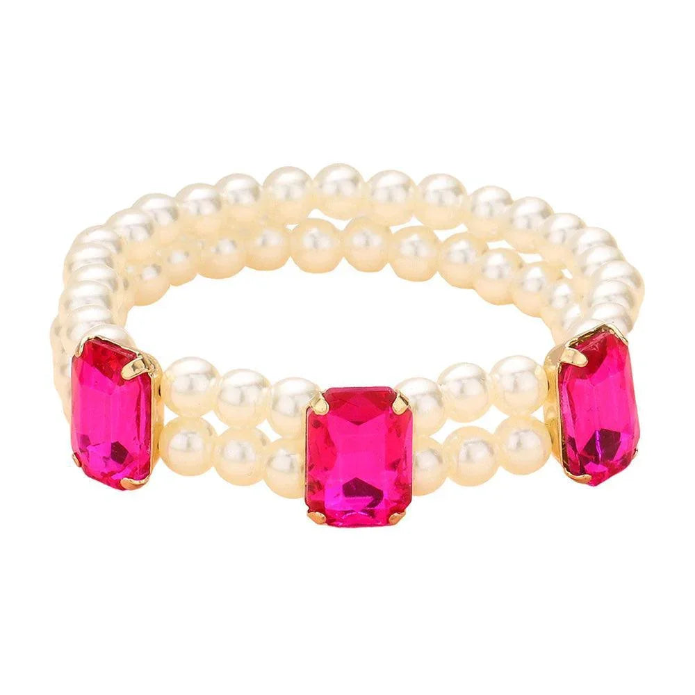 Fuchsia Rectangle Stone Accented Pearl Stretch Bracelet - Jewelry Store by Erik Rayo