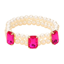 Load image into Gallery viewer, Fuchsia Rectangle Stone Accented Pearl Stretch Bracelet
