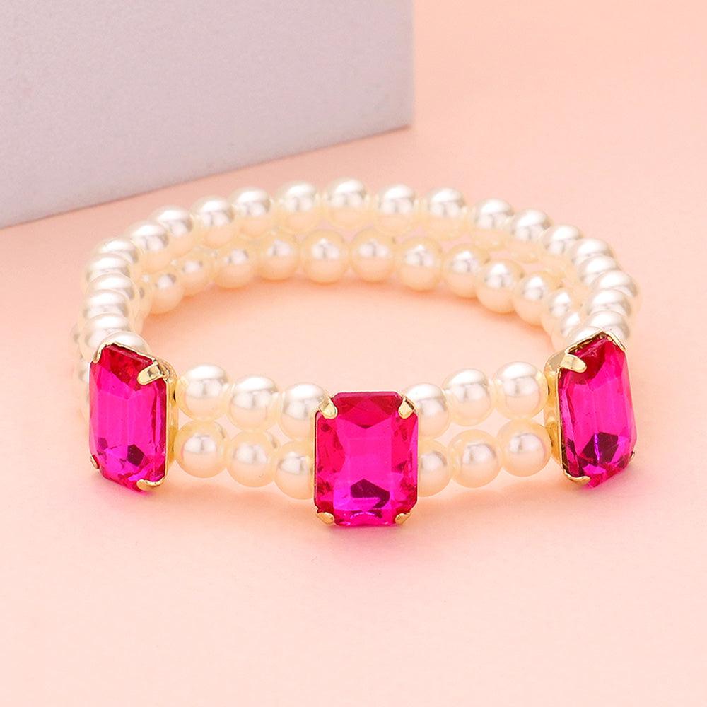 Fuchsia Rectangle Stone Accented Pearl Stretch Bracelet