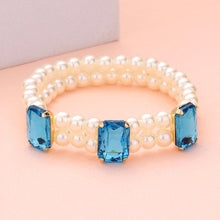 Load image into Gallery viewer, Turquoise Rectangle Stone Accented Pearl Stretch Bracelet
