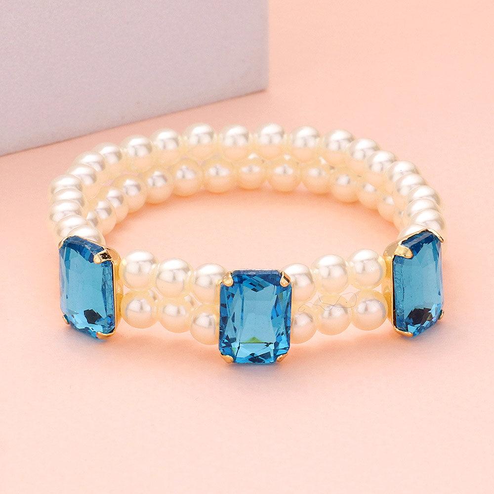 Turquoise Rectangle Stone Accented Pearl Stretch Bracelet