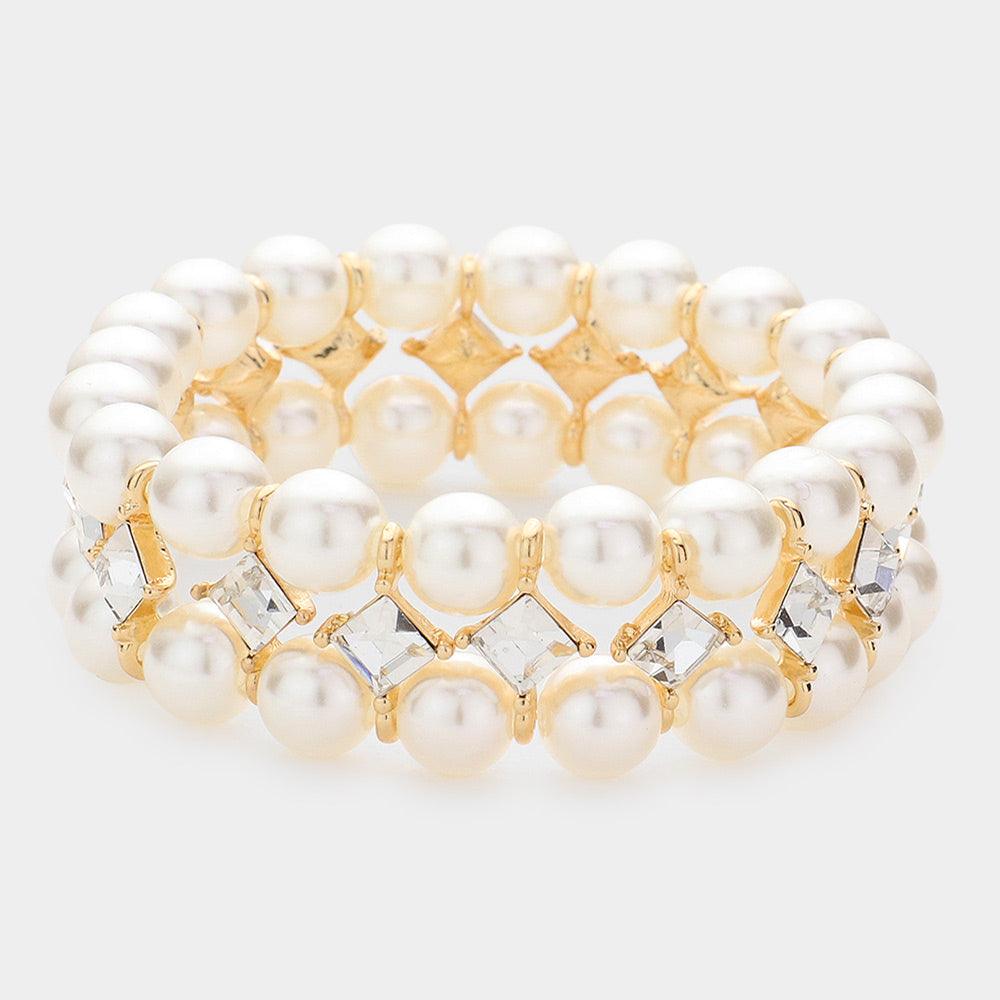 Cream Square Stone Accented Pearl Stretch Bracelet