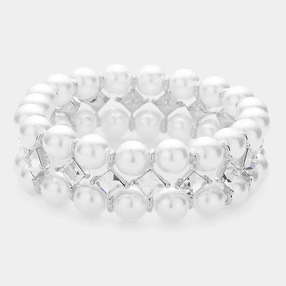 Cream Square Stone Accented Pearl Stretch Bracelet - Jewelry Store by Erik Rayo