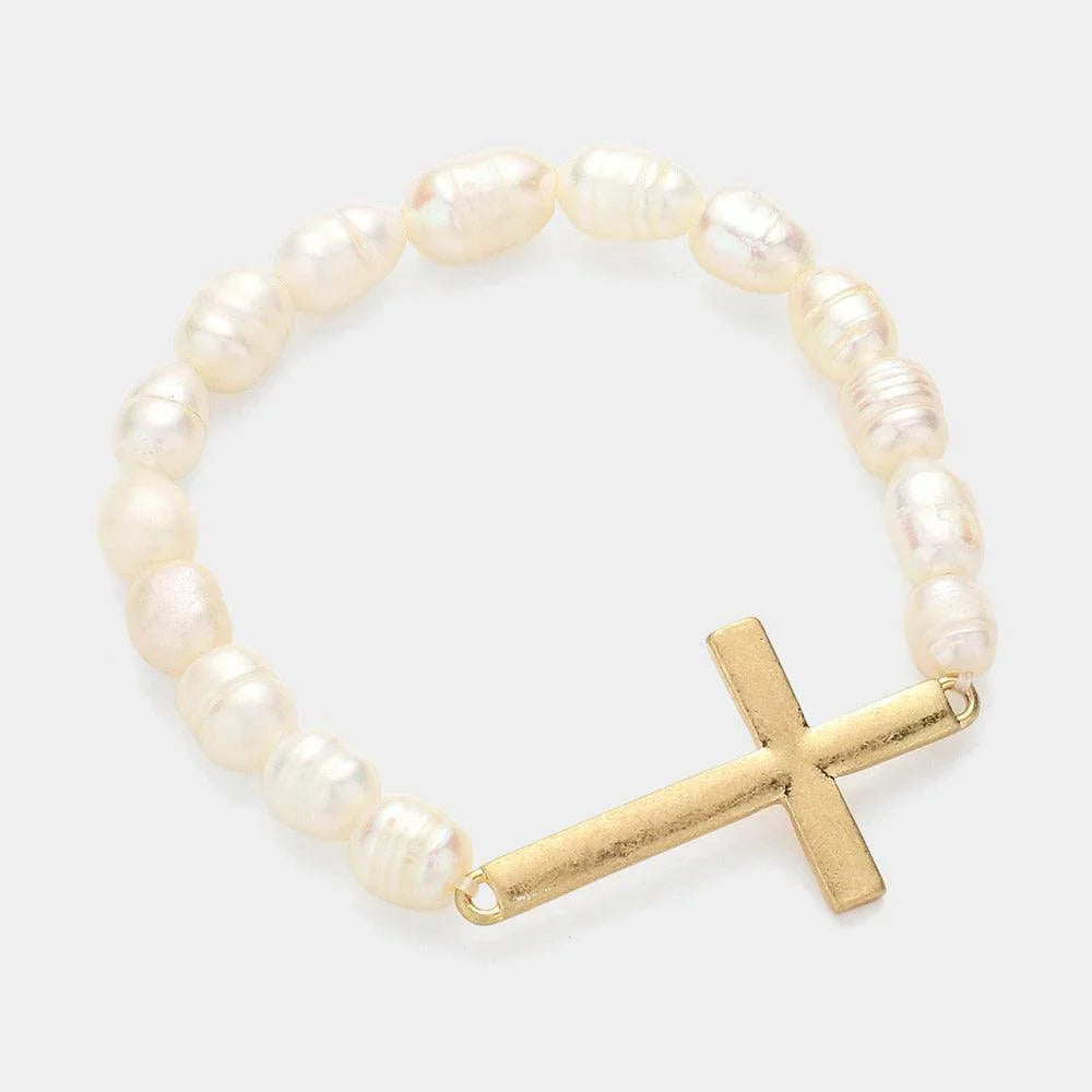 Cream Metal Cross Pearl Stretch Bracelet - Jewelry Store by Erik Rayo