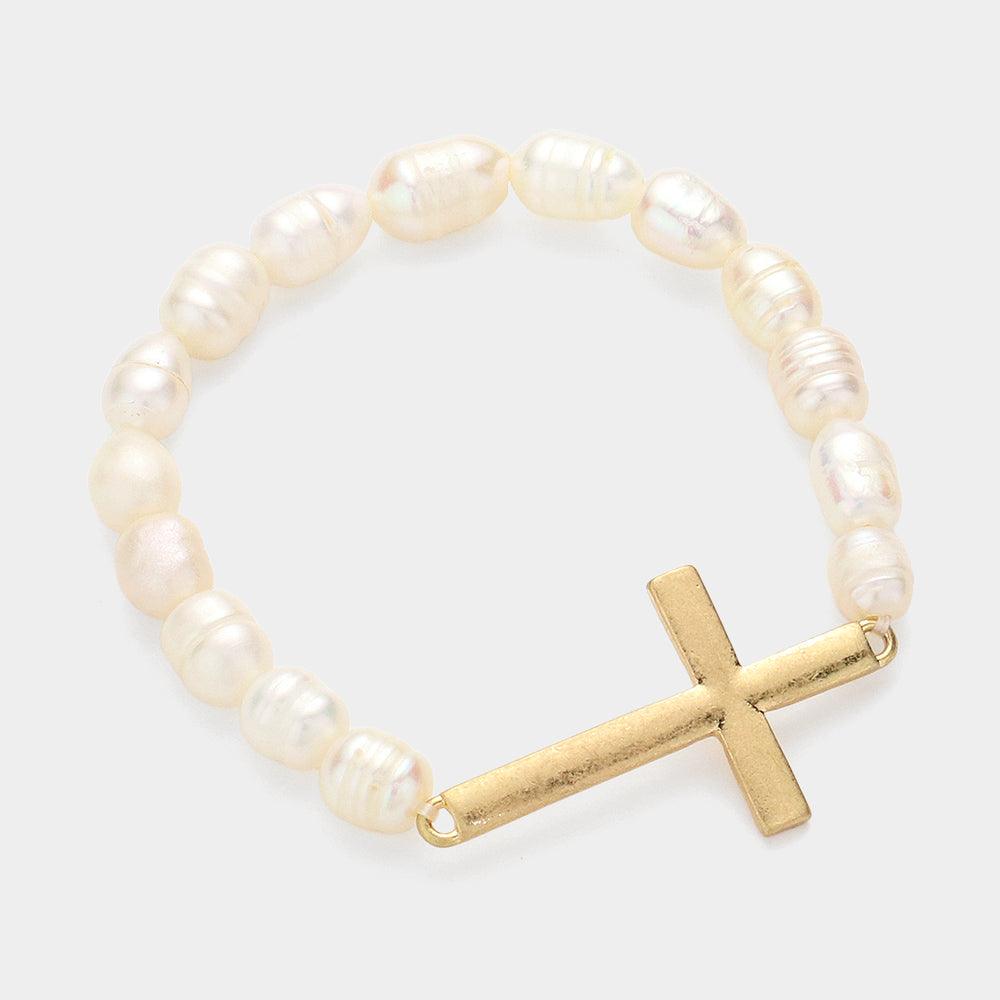 Cream Metal Cross Pearl Stretch Bracelet