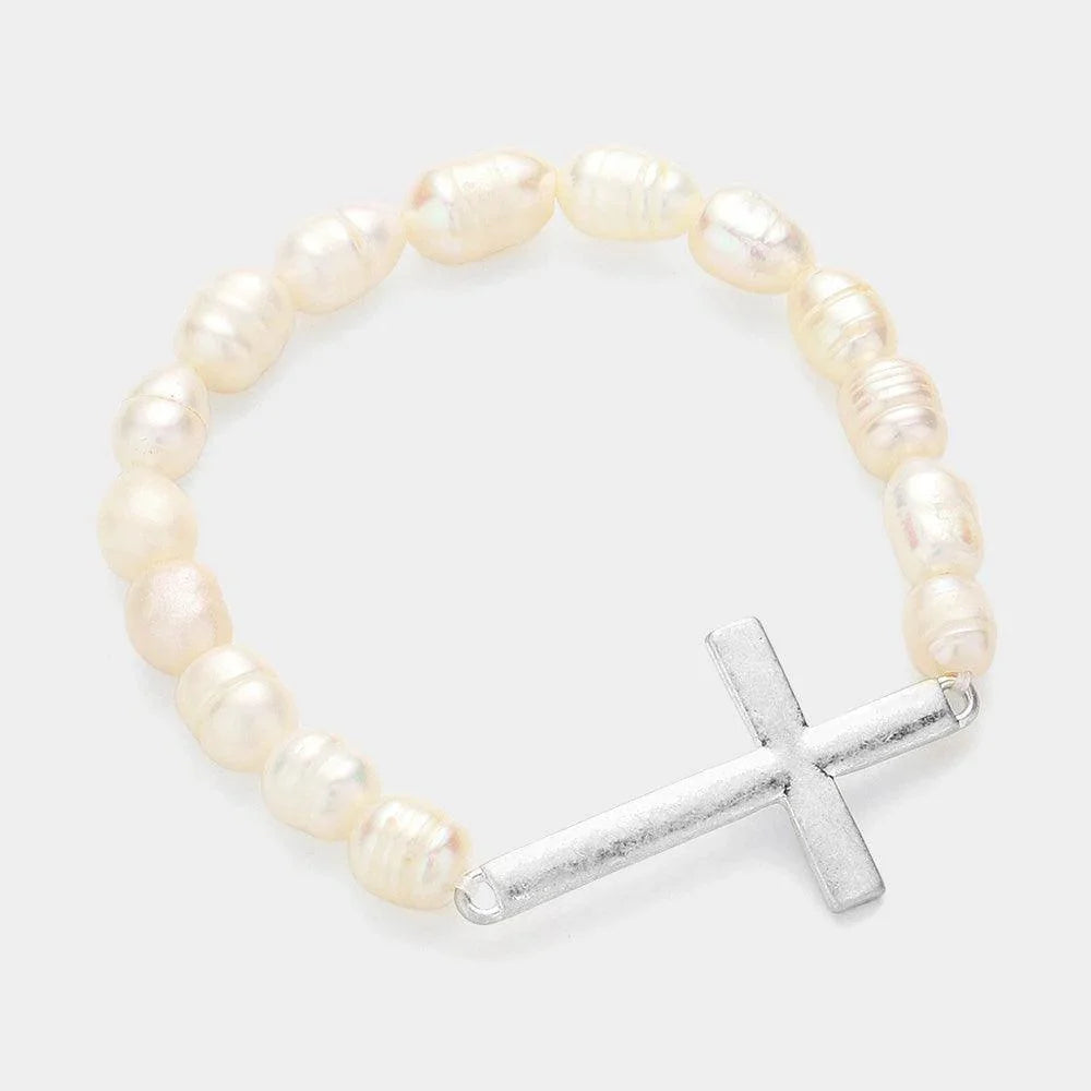 Cream Metal Cross Pearl Stretch Bracelet - Jewelry Store by Erik Rayo