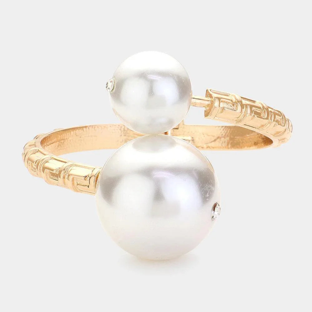 Cream Pearl Ball Tip Hinged Bangle Bracelet - Jewelry Store by Erik Rayo