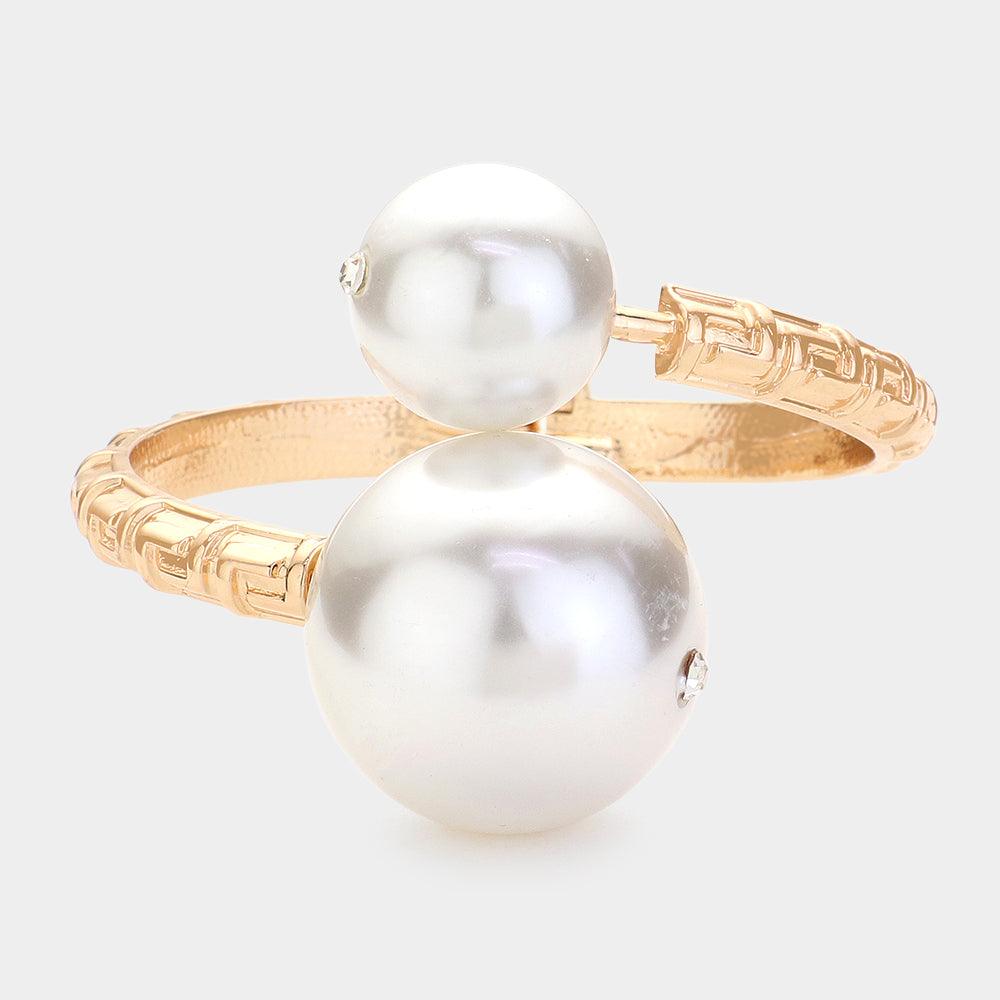 Cream Pearl Ball Tip Hinged Bangle Bracelet