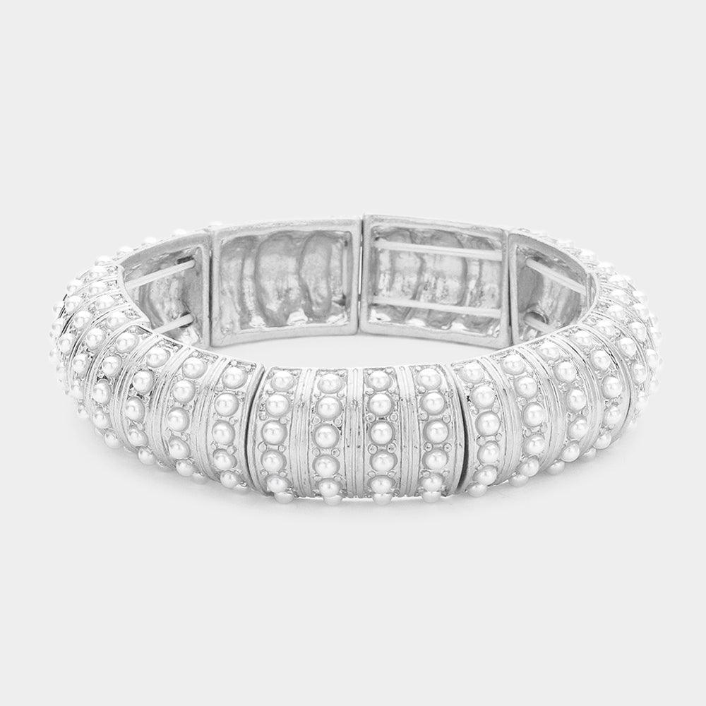 White Pearl Paved Stretch Bangle Bracelet - Jewelry Store by Erik Rayo