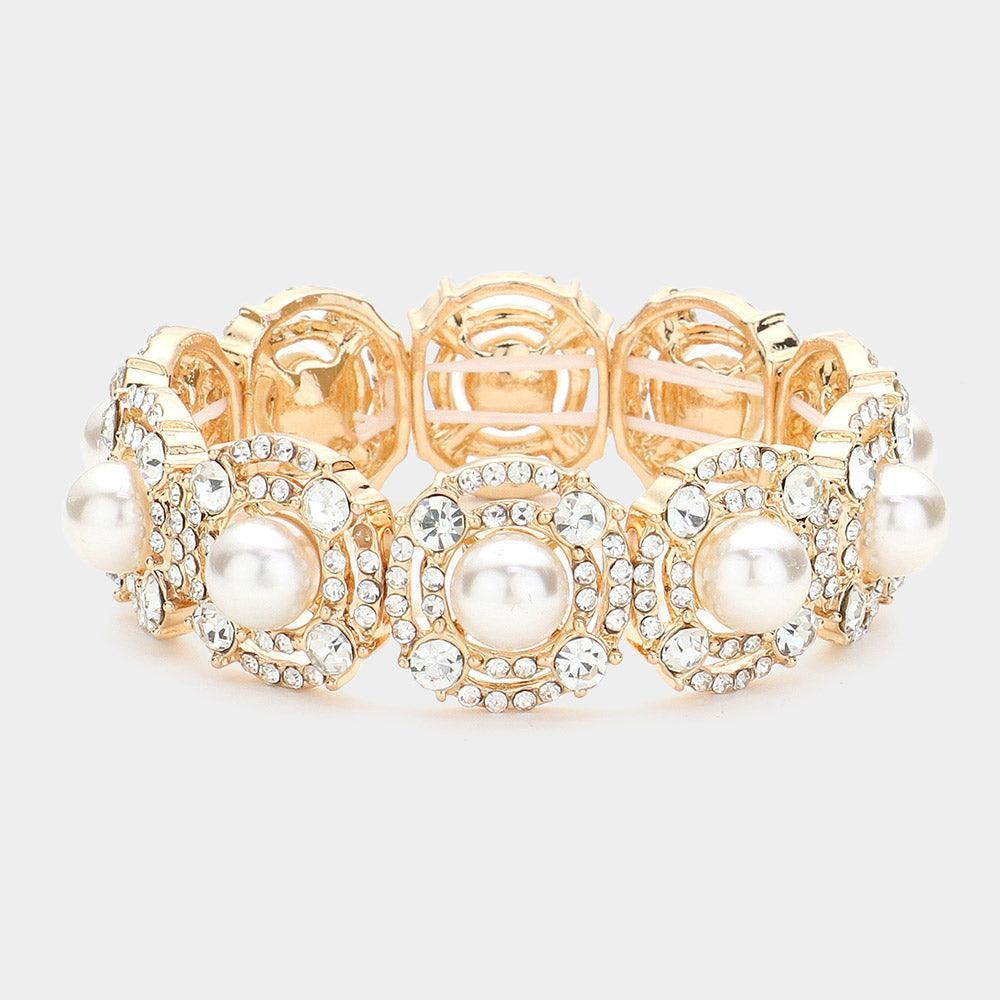 Cream Round Pearl Pointed Rhinestone Paved Link Stretch Bracelet - Jewelry Store by Erik Rayo