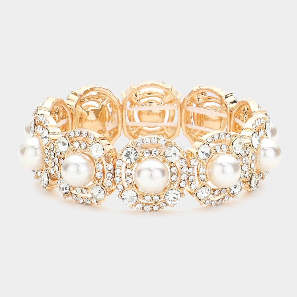 Cream Round Pearl Pointed Rhinestone Paved Link Stretch Bracelet