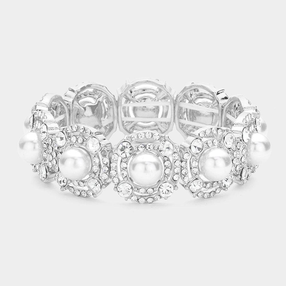 White Round Pearl Pointed Rhinestone Paved Link Stretch Bracelet - Jewelry Store by Erik Rayo