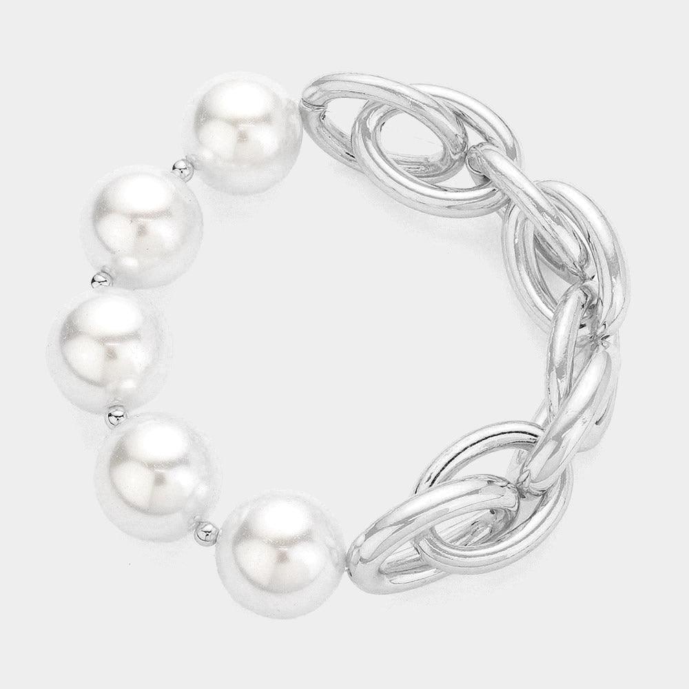 Cream Pearl Accented Metal Chain Stretch Bracelet