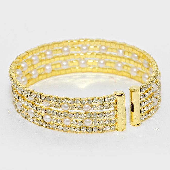 Gold Crystal Trimmed Pearl Cuff Bracelet - Jewelry Store by Erik Rayo