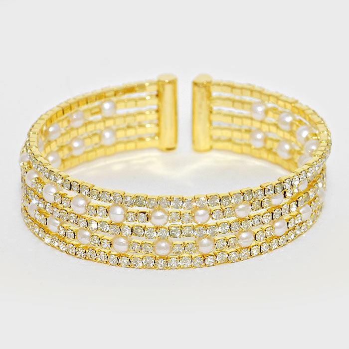 Gold Crystal Trimmed Pearl Cuff Bracelet - Jewelry Store by Erik Rayo
