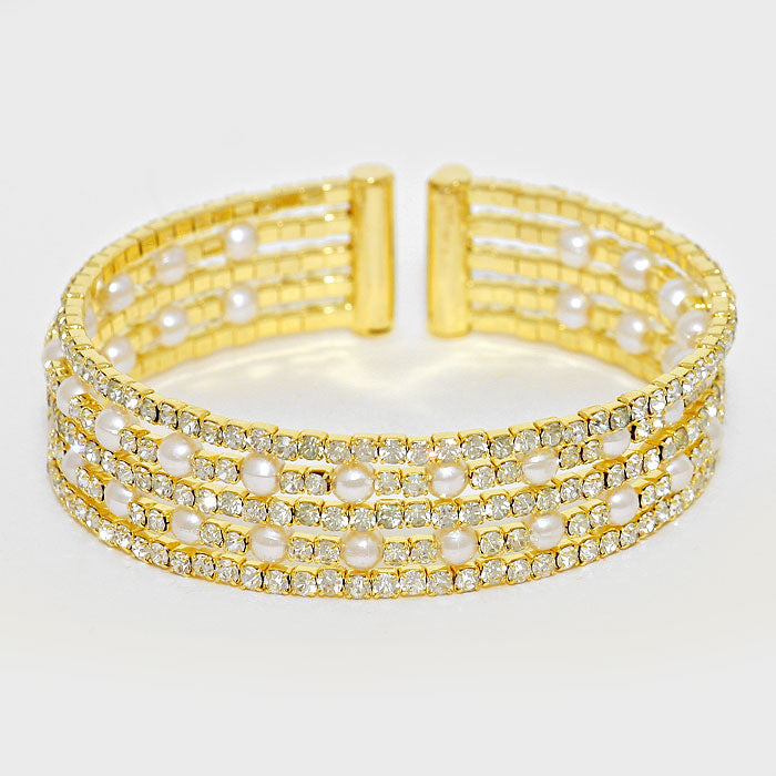 Gold Crystal Trimmed Pearl Cuff Bracelet