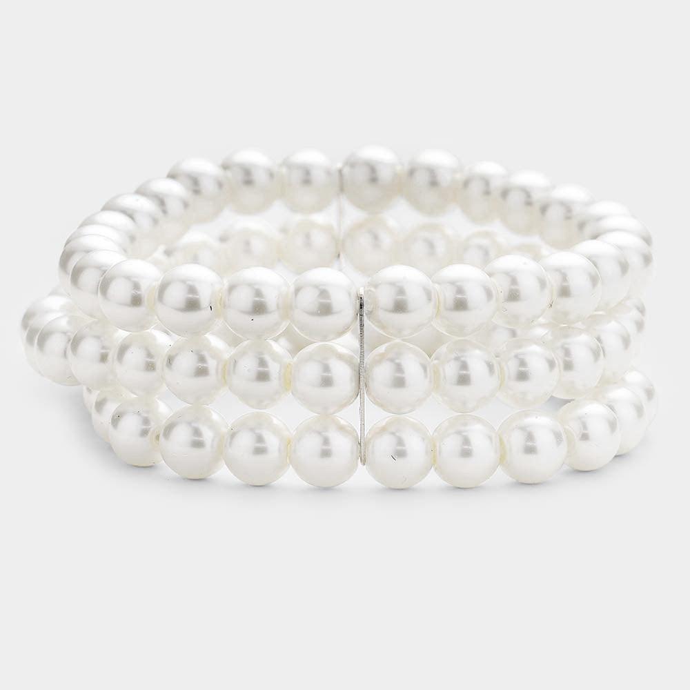 White Multi Layered Pearl Stretch Bracelet