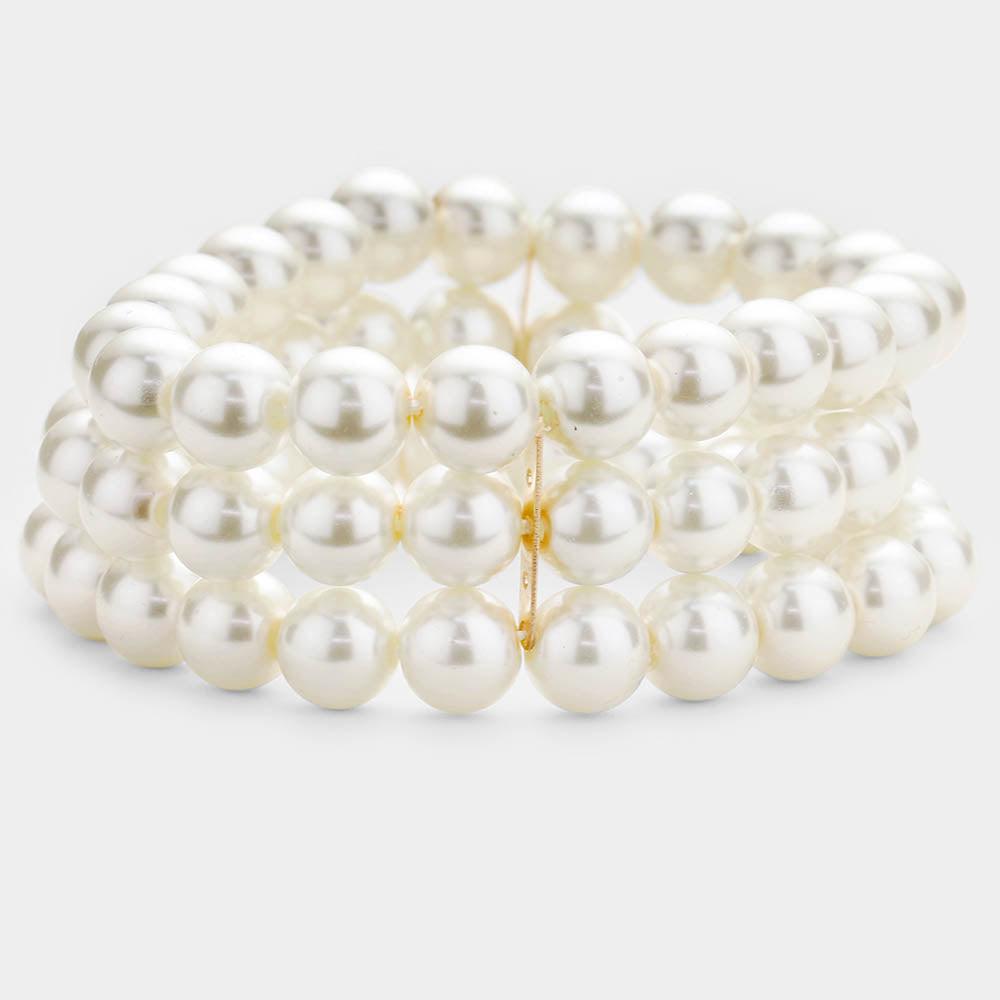 Cream Multi Layered Pearl Stretch Bracelet