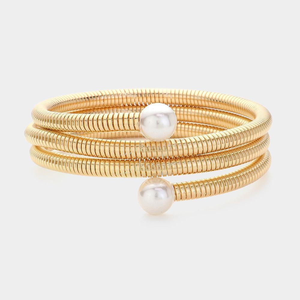 Cream Pearl Tip Metal Coil Bracelet - Jewelry Store by Erik Rayo