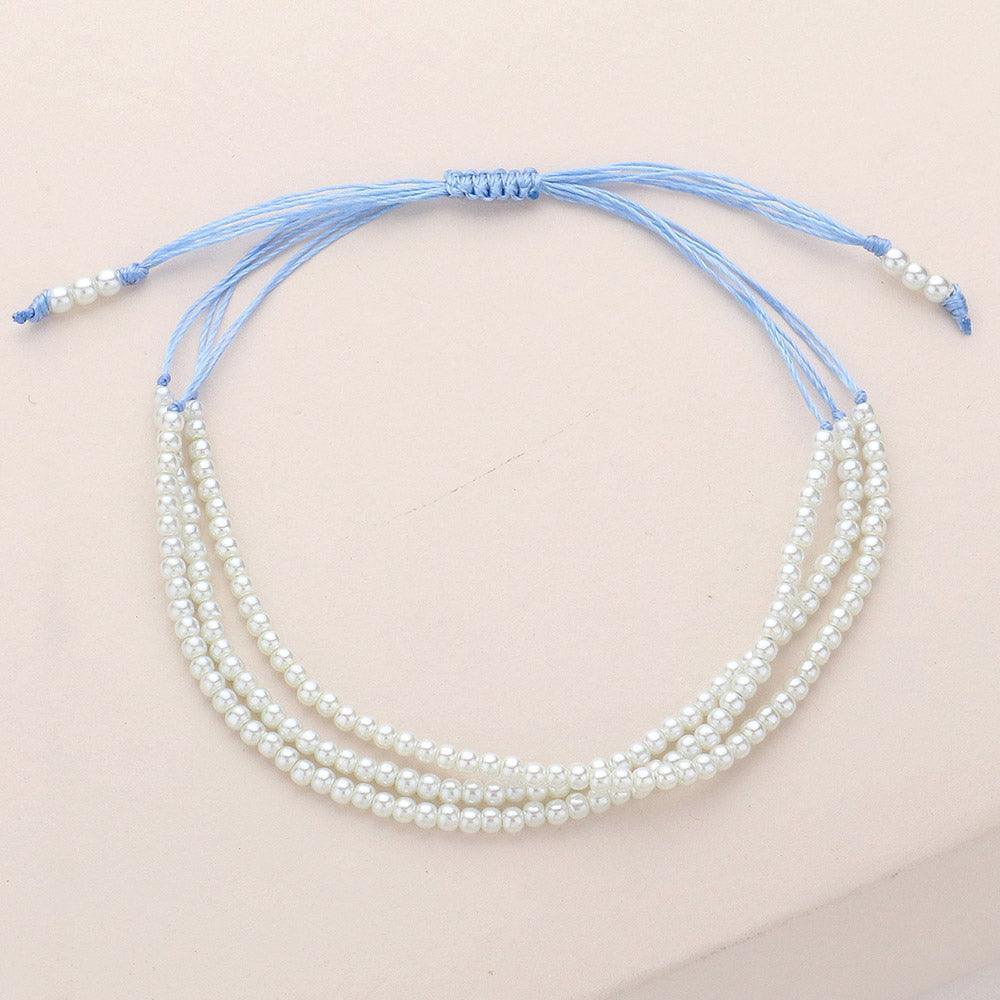Cream Seed Pearl Beaded Triple Layered Cinch Pull Tie Bracelet - Jewelry Store by Erik Rayo