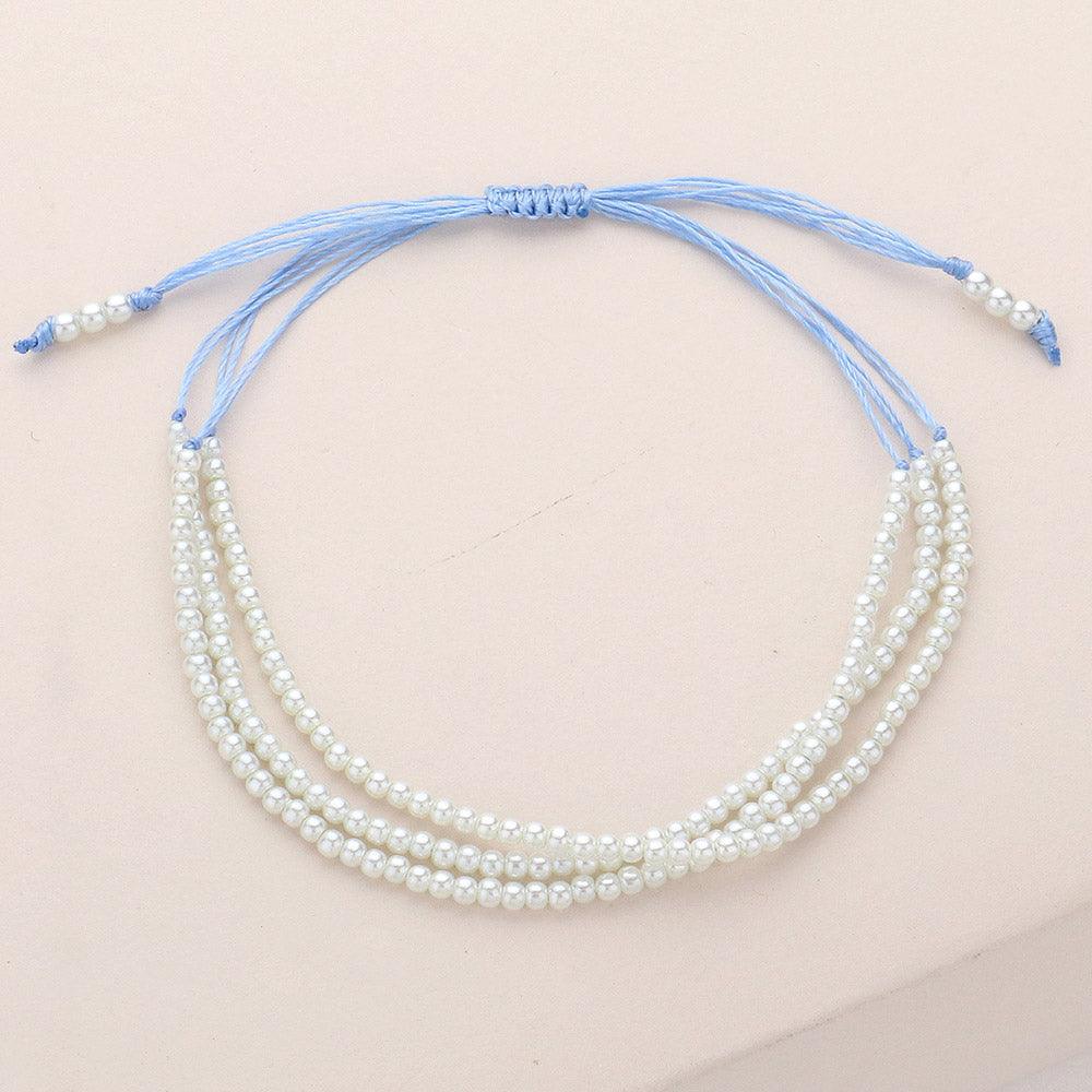 Cream Seed Pearl Beaded Triple Layered Cinch Pull Tie Bracelet