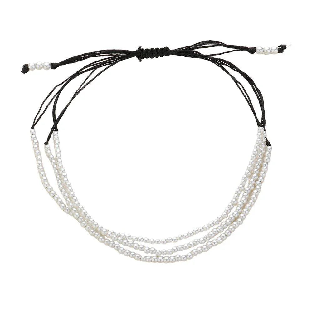 Cream Seed Pearl Beaded Triple Layered Cinch Pull Tie Bracelet - Jewelry Store by Erik Rayo