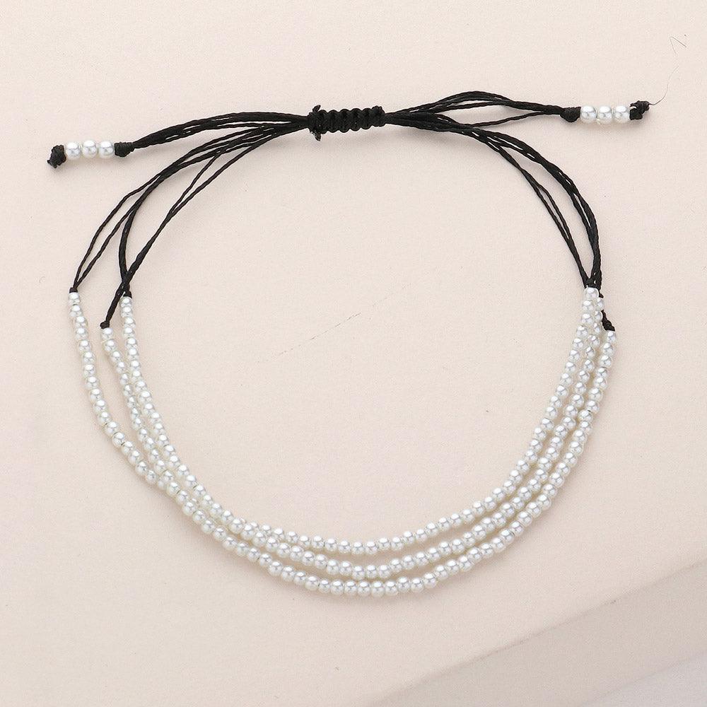 Cream Seed Pearl Beaded Triple Layered Cinch Pull Tie Bracelet - Jewelry Store by Erik Rayo