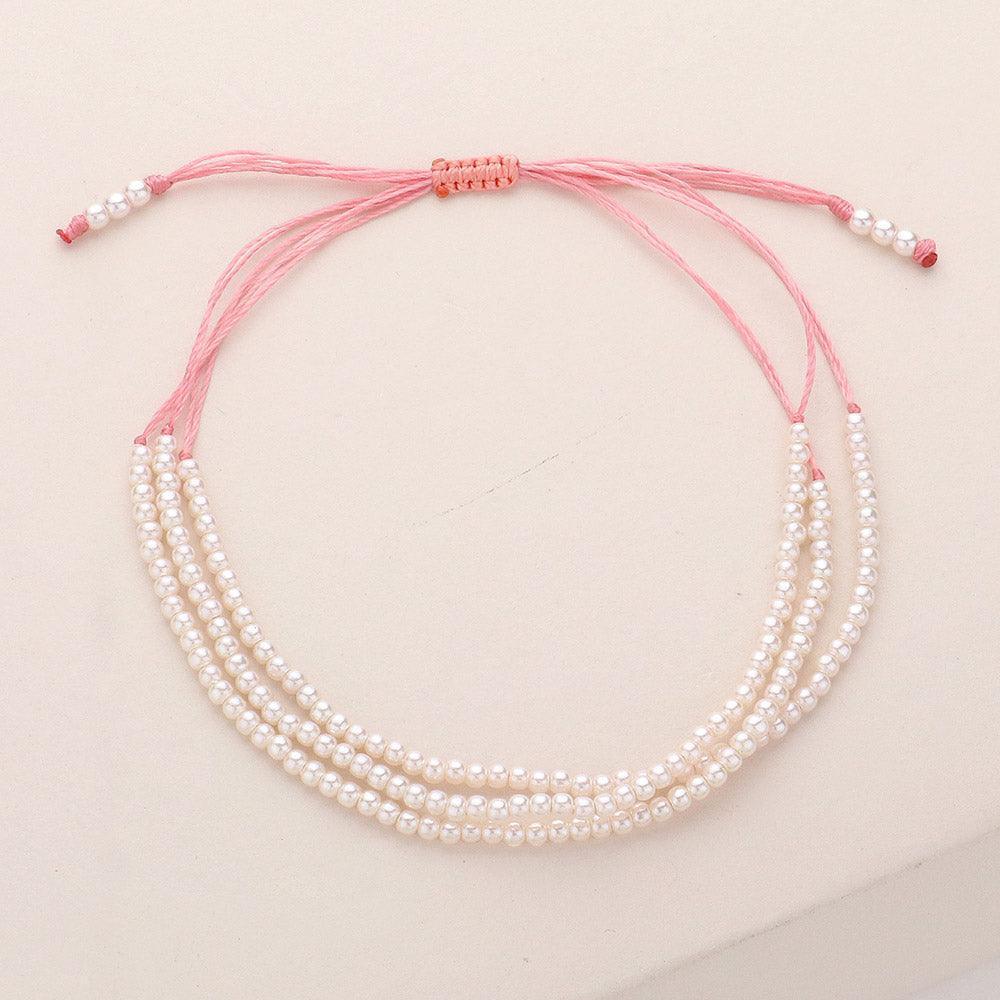 Pink Seed Pearl Beaded Triple Layered Cinch Pull Tie Bracelet - Jewelry Store by Erik Rayo