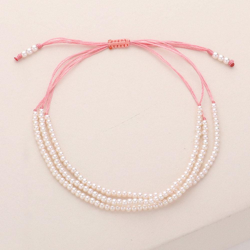 Pink Seed Pearl Beaded Triple Layered Cinch Pull Tie Bracelet