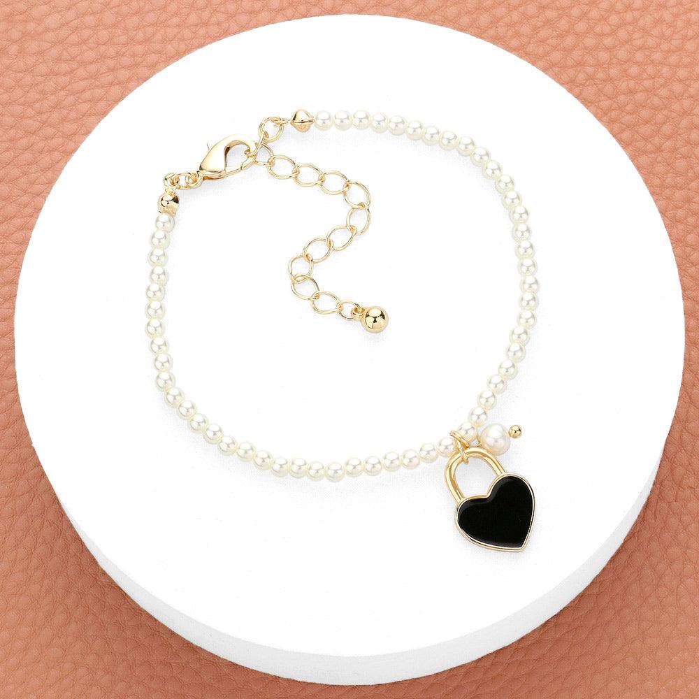 Black Enamel Heart Charm Pendant Pearl Bracelet