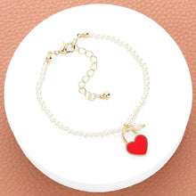 Load image into Gallery viewer, Red Enamel Heart Charm Pendant Pearl Bracelet
