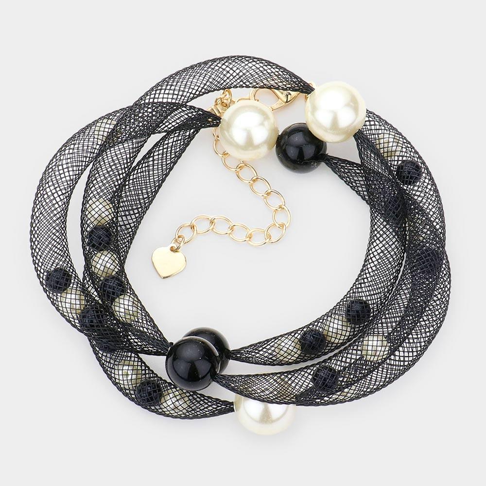 Cream Pearl Accented Mesh Wrap Bracelet