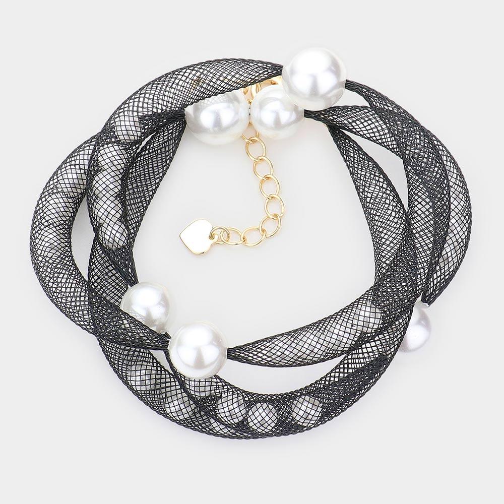 White Pearl Accented Mesh Wrap Bracelet