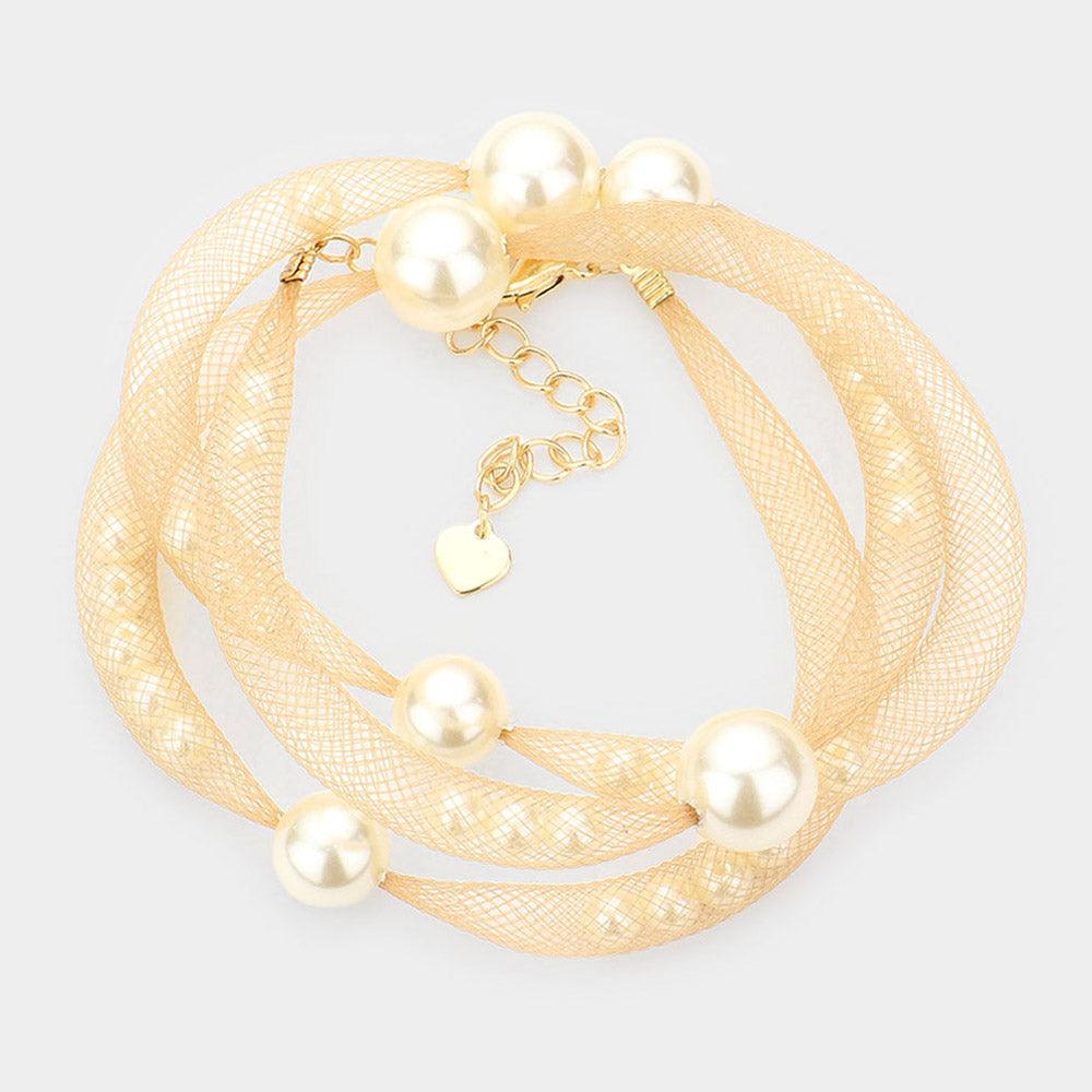 Gold Pearl Accented Mesh Wrap Bracelet