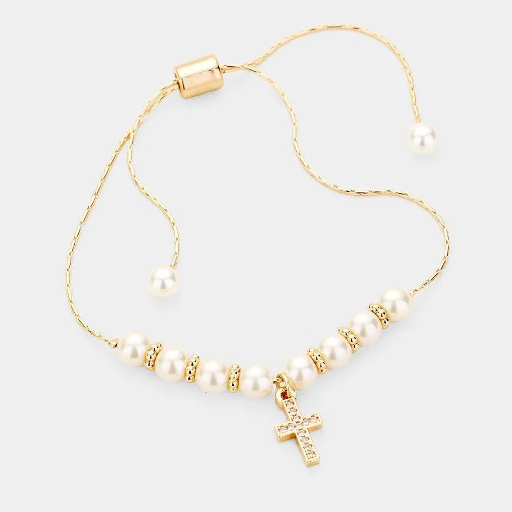 Gold Pearl Cubic Zirconia Pave Cross Adjustable Bracelet - Jewelry Store by Erik Rayo