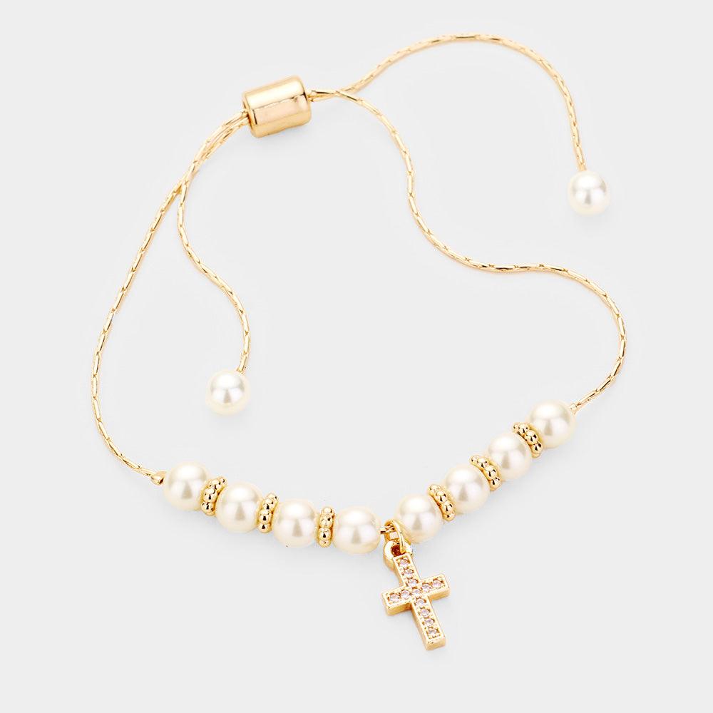 Gold Pearl Cubic Zirconia Pave Cross Adjustable Bracelet