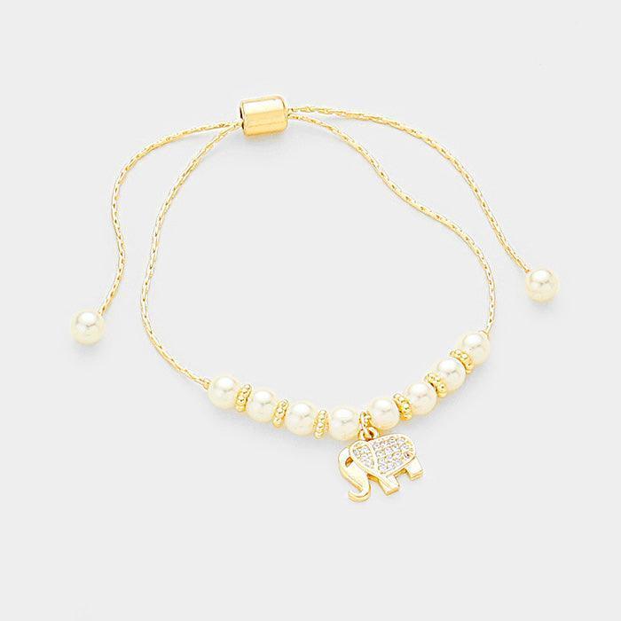 Gold Pearl Cubic Zirconia Elephant Charm Bracelet - Jewelry Store by Erik Rayo
