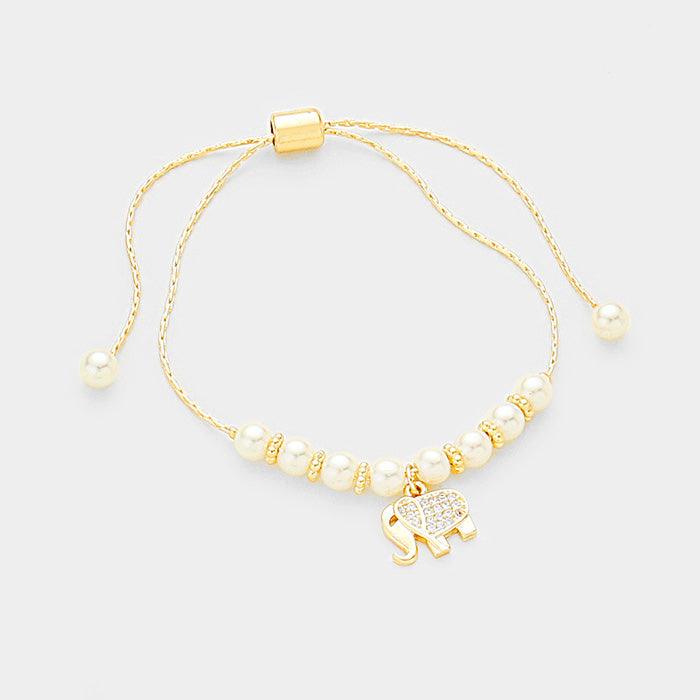 Gold Pearl Cubic Zirconia Elephant Charm Bracelet