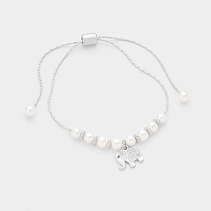 White Pearl Cubic Zirconia Elephant Charm Bracelet - Jewelry Store by Erik Rayo