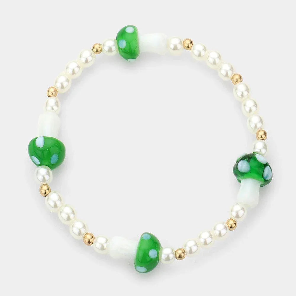 Green Mushroom Accented Pearl Stretch Bracelet - Jewelry Store by Erik Rayo