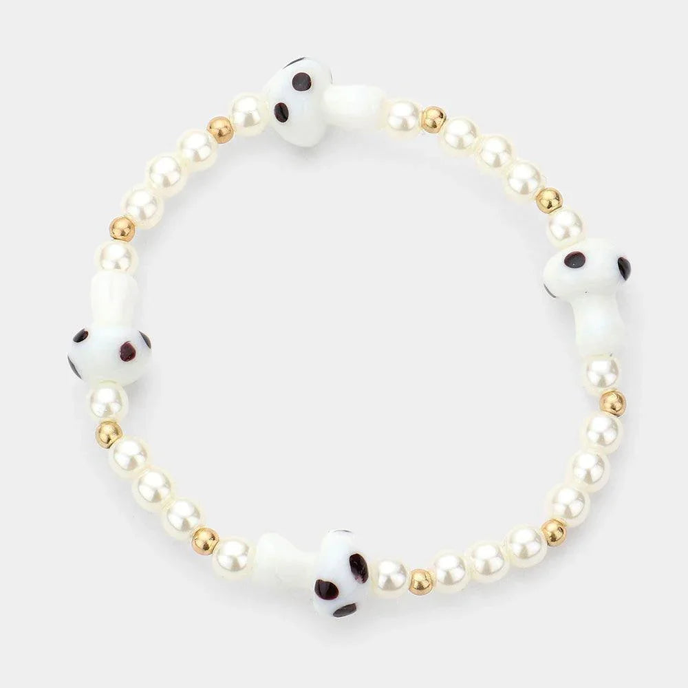 White Mushroom Accented Pearl Stretch Bracelet - Jewelry Store by Erik Rayo