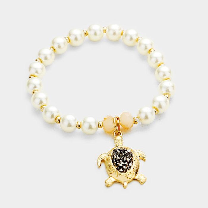 Gold Faux Pearl Stone Cluster Turtle Charm Stretch Bracelet