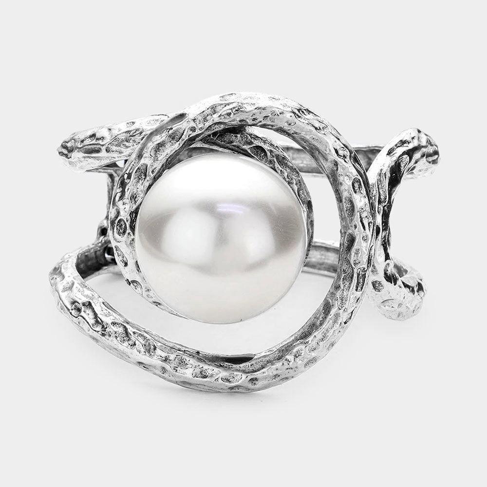 White Pearl Accented Abstract Metal Hinged Bracelet - Jewelry Store by Erik Rayo