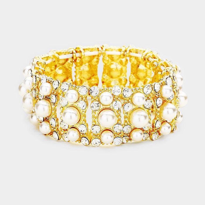 Gold Pearl Bubble Crystal Cluster Stretch Bracelet - Jewelry Store by Erik Rayo