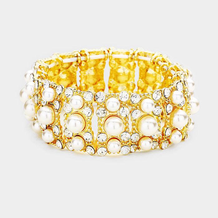 Gold Pearl Bubble Crystal Cluster Stretch Bracelet