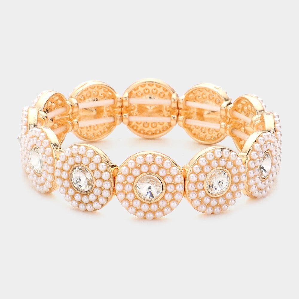 Gold Round Stone Centered Pearl Cluster Stretch Bracelet