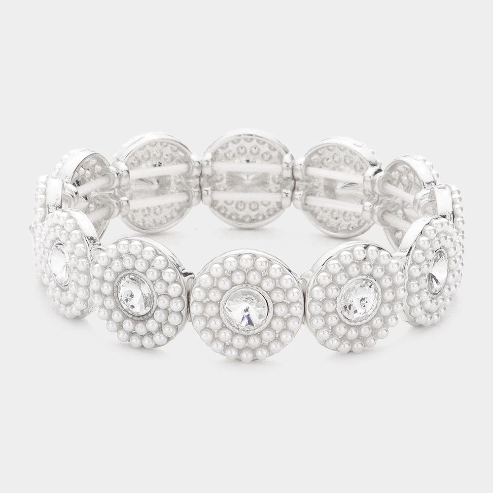 Silver Round Stone Centered Pearl Cluster Stretch Bracelet