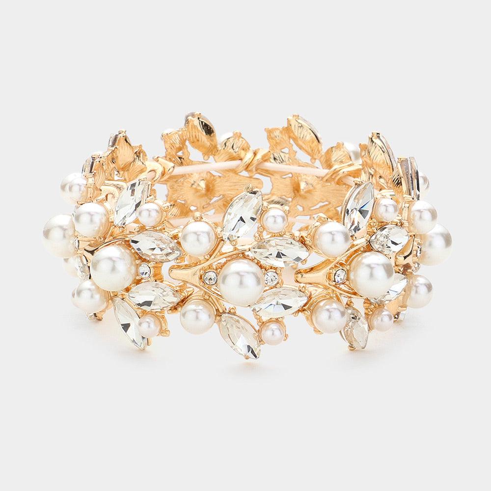 Gold Pearl Pointed Marquise Stone Cluster Leaf Vine Stretch Bracelet