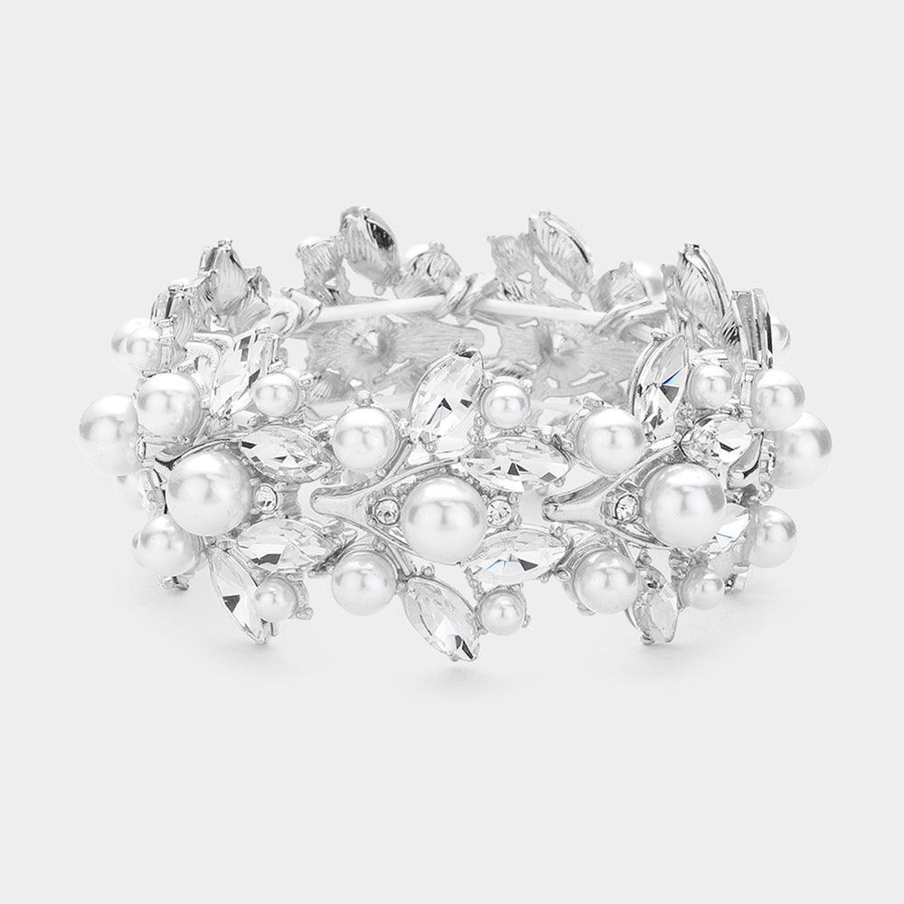 Silver Pearl Pointed Marquise Stone Cluster Leaf Vine Stretch Bracelet